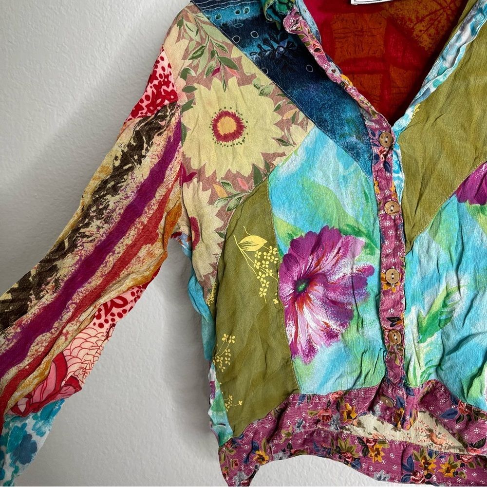 Vintage Y2K Patchwork Button Down Long‎ Sleeve To… - image 3